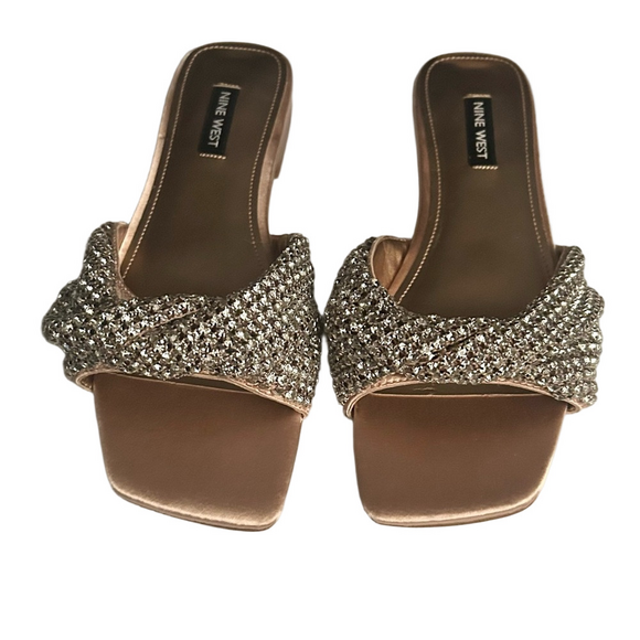 Nine West Metallic Gold Crystal Embellished Dress Sandals - Picture 2 of 6